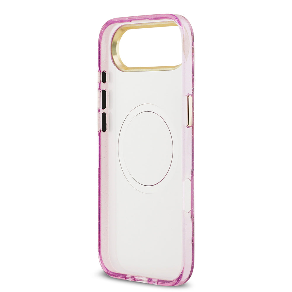 iPhone 17 Air Kılıf Guess Orijinal Lisanslı M-safe Şarj Özellikli Simli Çiçek Desenli Metal Kamera Çerçeveli Üçgen Logolu Kılıf