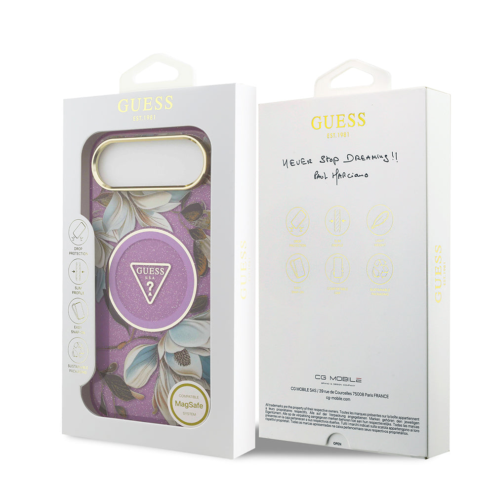 iPhone 17 Air Kılıf Guess Orijinal Lisanslı M-safe Şarj Özellikli Simli Çiçek Desenli Metal Kamera Çerçeveli Üçgen Logolu Kılıf