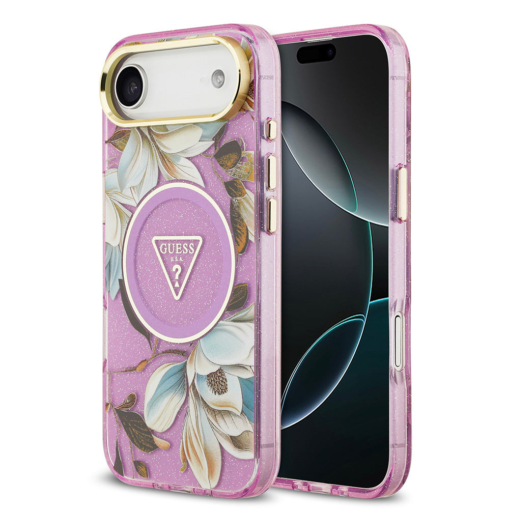 iPhone 17 Air Kılıf Guess Orijinal Lisanslı M-safe Şarj Özellikli Simli Çiçek Desenli Metal Kamera Çerçeveli Üçgen Logolu Kılıf
