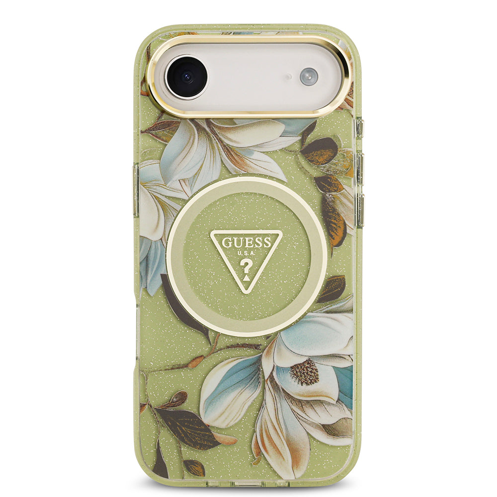 iPhone 17 Air Kılıf Guess Orijinal Lisanslı M-safe Şarj Özellikli Simli Çiçek Desenli Metal Kamera Çerçeveli Üçgen Logolu Kılıf