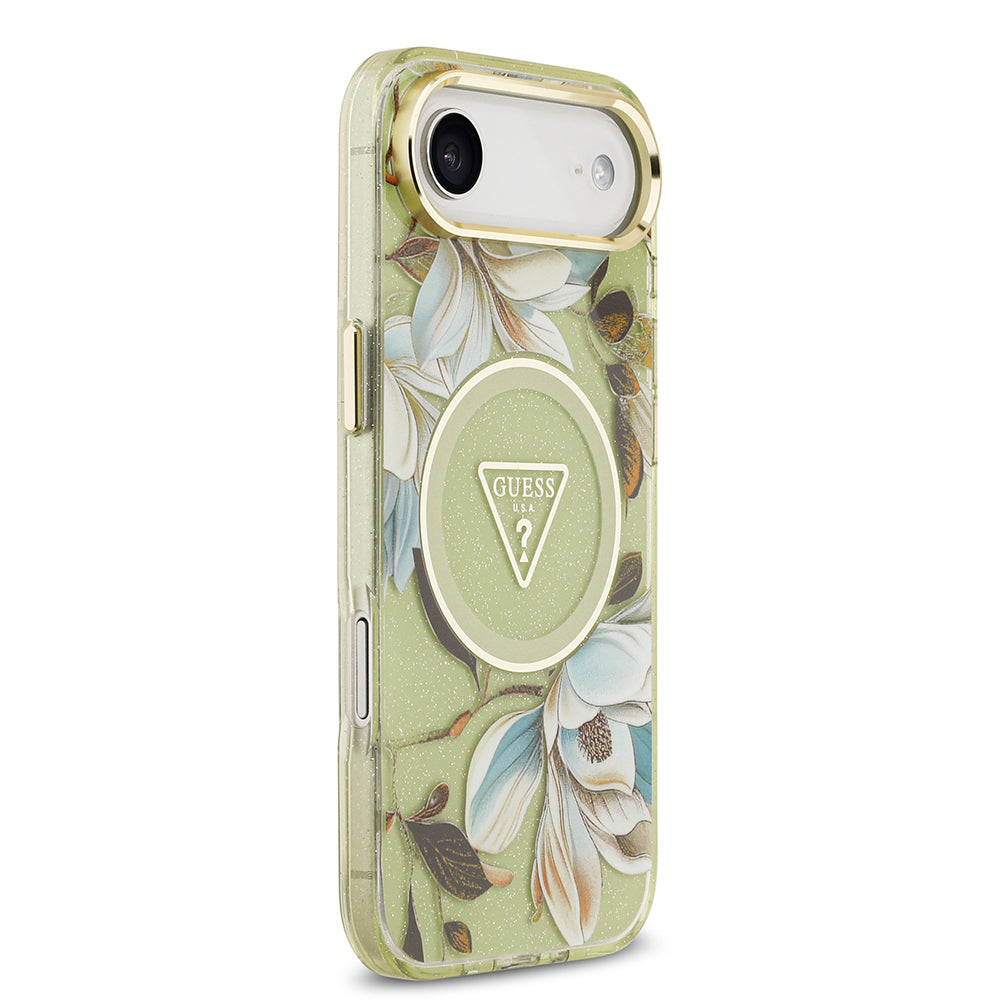 iPhone 17 Air Kılıf Guess Orijinal Lisanslı M-safe Şarj Özellikli Simli Çiçek Desenli Metal Kamera Çerçeveli Üçgen Logolu Kılıf