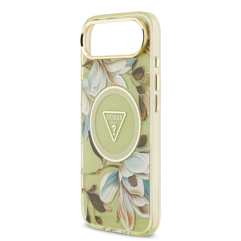 iPhone 17 Air Kılıf Guess Orijinal Lisanslı M-safe Şarj Özellikli Simli Çiçek Desenli Metal Kamera Çerçeveli Üçgen Logolu Kılıf