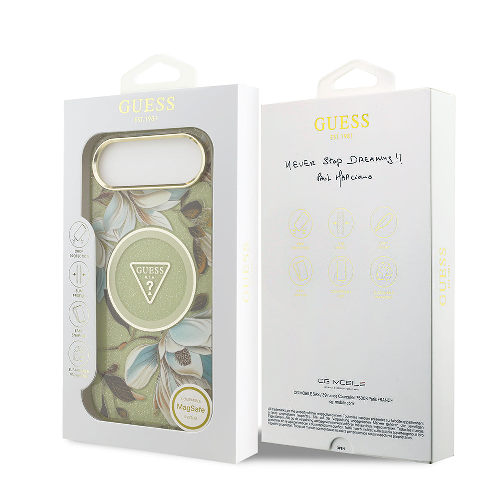 iPhone 17 Air Kılıf Guess Orijinal Lisanslı M-safe Şarj Özellikli Simli Çiçek Desenli Metal Kamera Çerçeveli Üçgen Logolu Kılıf