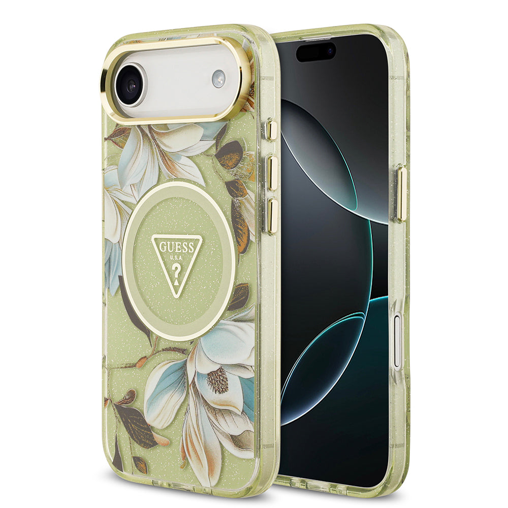 iPhone 17 Air Kılıf Guess Orijinal Lisanslı M-safe Şarj Özellikli Simli Çiçek Desenli Metal Kamera Çerçeveli Üçgen Logolu Kılıf