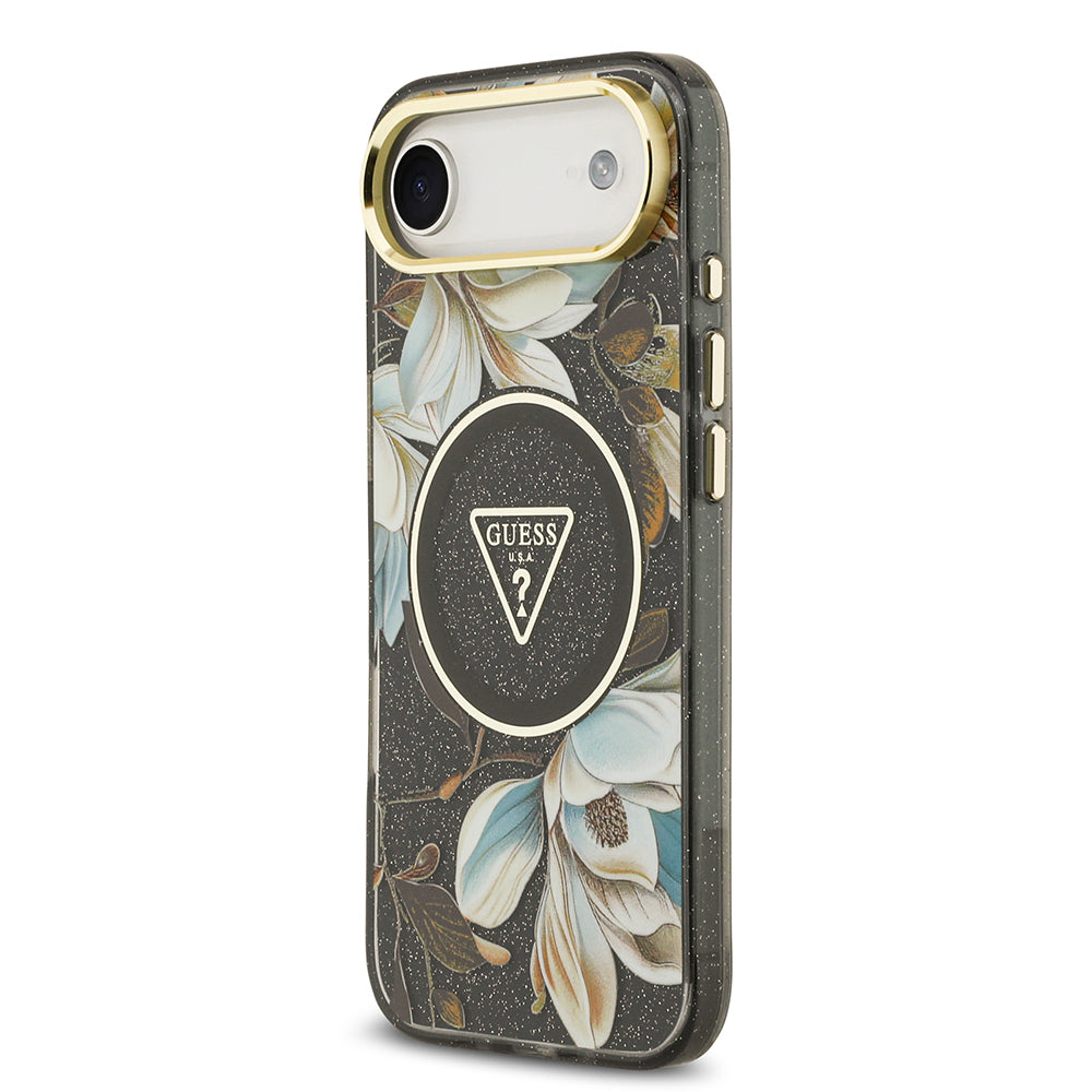 iPhone 17 Air Kılıf Guess Orijinal Lisanslı M-safe Şarj Özellikli Simli Çiçek Desenli Metal Kamera Çerçeveli Üçgen Logolu Kılıf