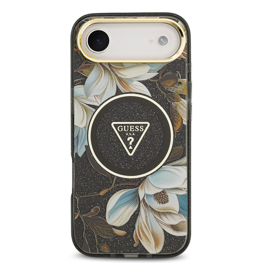 iPhone 17 Air Kılıf Guess Orijinal Lisanslı M-safe Şarj Özellikli Simli Çiçek Desenli Metal Kamera Çerçeveli Üçgen Logolu Kılıf