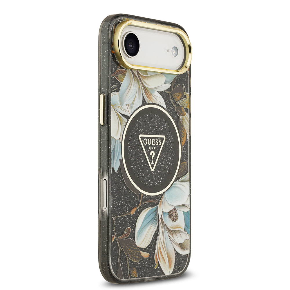 iPhone 17 Air Kılıf Guess Orijinal Lisanslı M-safe Şarj Özellikli Simli Çiçek Desenli Metal Kamera Çerçeveli Üçgen Logolu Kılıf
