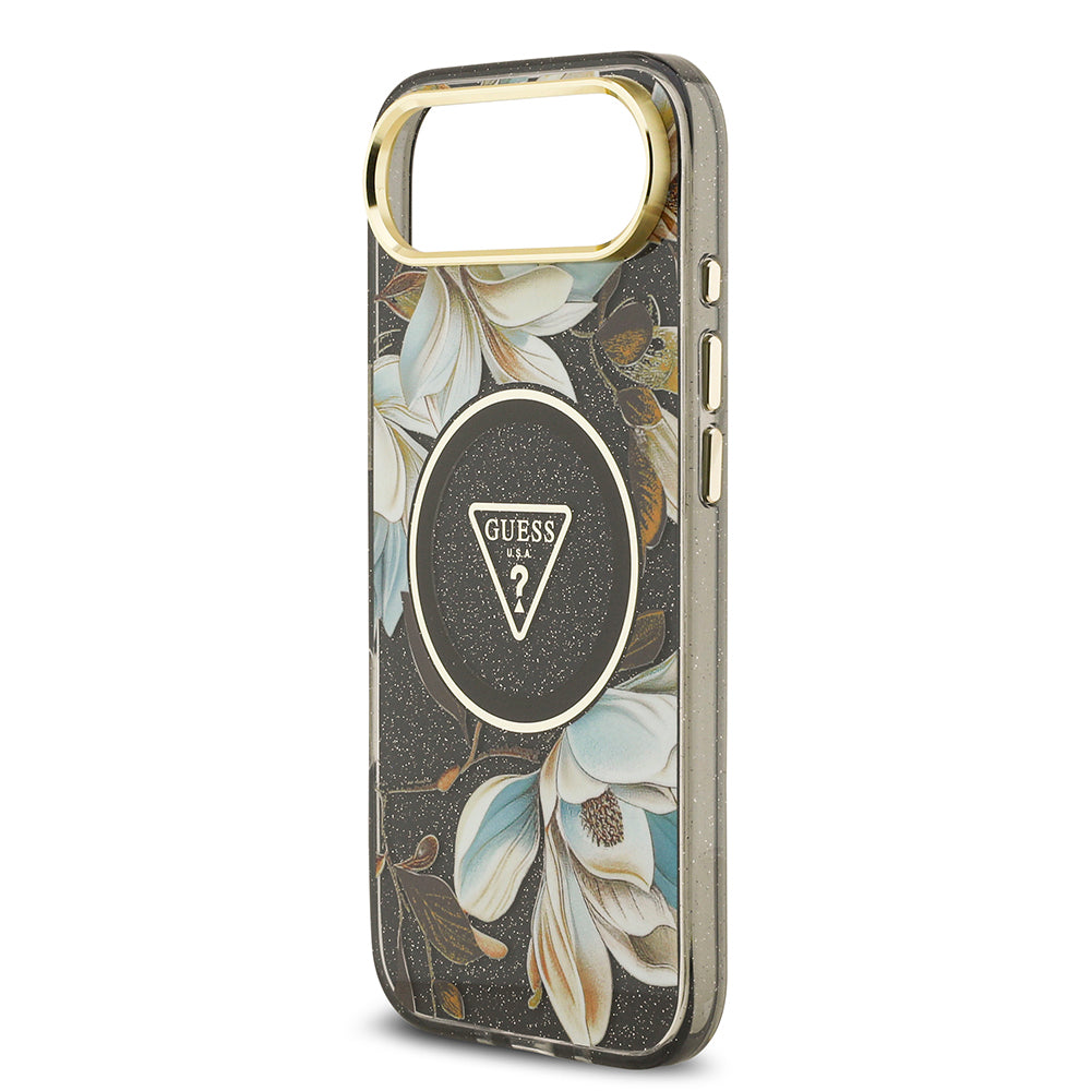 iPhone 17 Air Kılıf Guess Orijinal Lisanslı M-safe Şarj Özellikli Simli Çiçek Desenli Metal Kamera Çerçeveli Üçgen Logolu Kılıf
