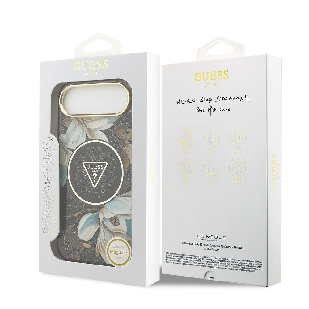 iPhone 17 Air Kılıf Guess Orijinal Lisanslı M-safe Şarj Özellikli Simli Çiçek Desenli Metal Kamera Çerçeveli Üçgen Logolu Kılıf