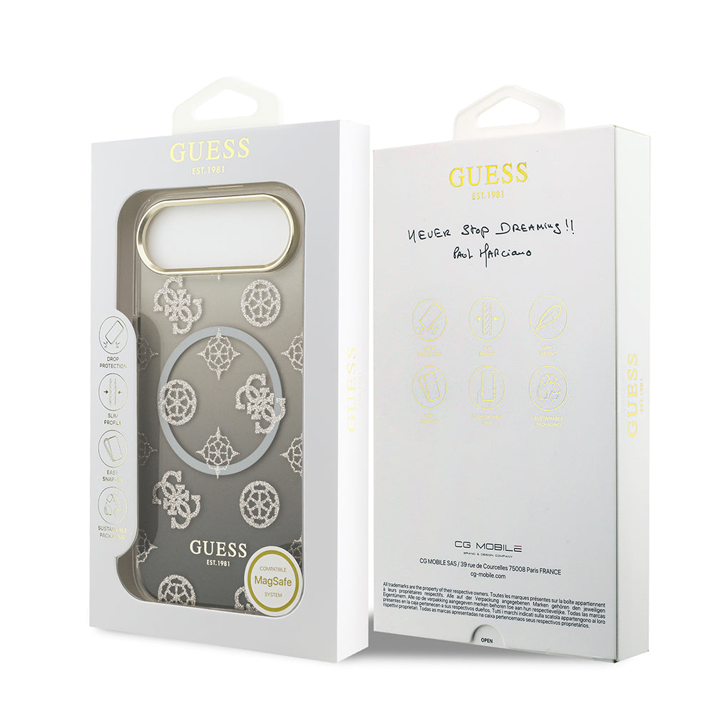iPhone 17 Air Kılıf Guess Orijinal Lisanslı M-safe Şarj Özellikli Simli Peony Desenli Silikon Kılıf