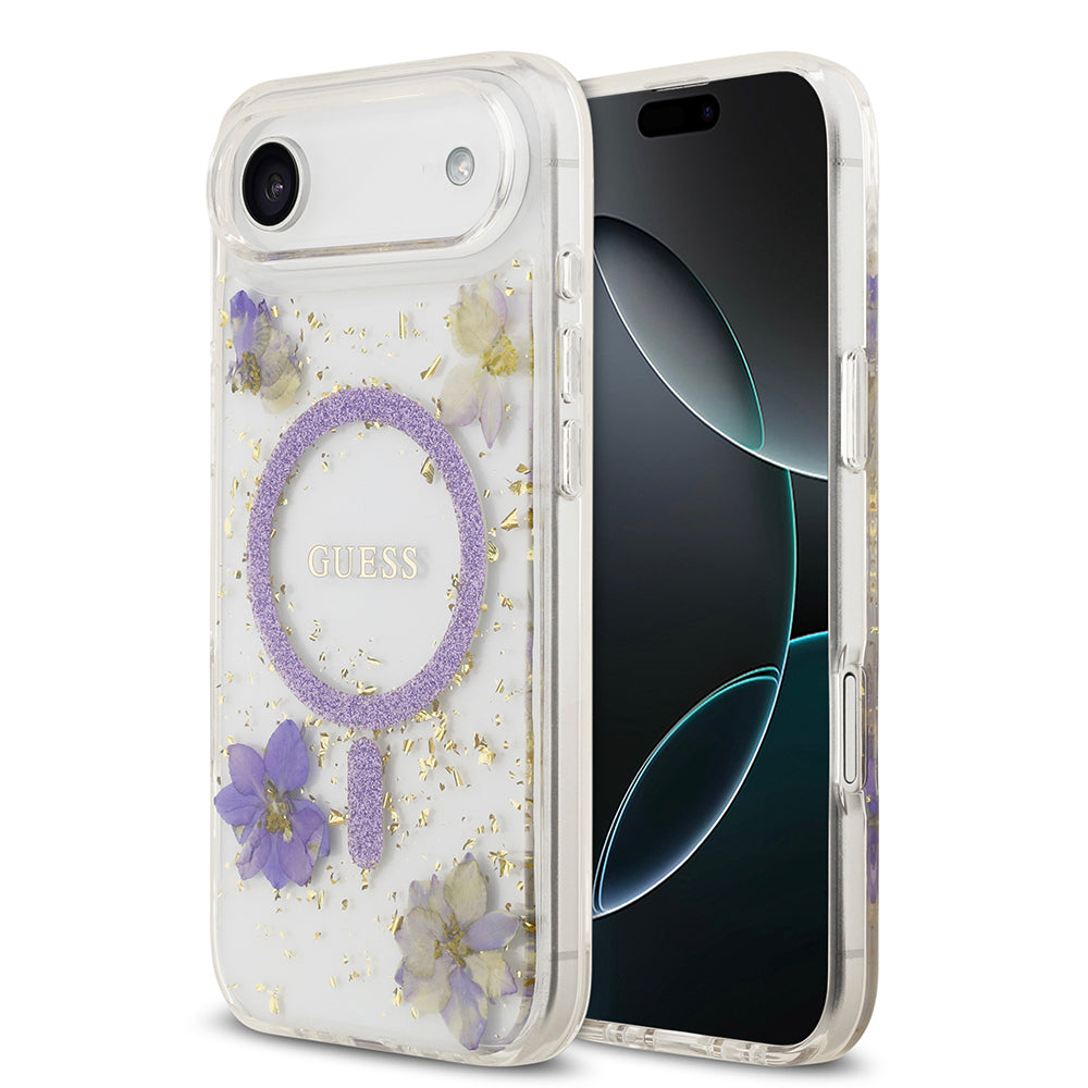iPhone 17 Air Kılıf Guess Orijinal Lisanslı M-safe Şarj Özellikli Transparan Resin Flowers Kılıf