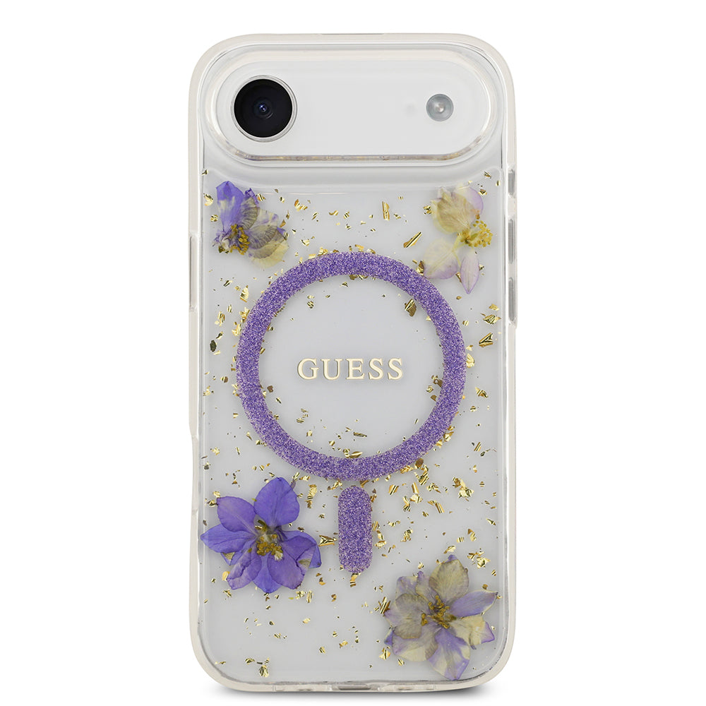 iPhone 17 Air Kılıf Guess Orijinal Lisanslı M-safe Şarj Özellikli Transparan Resin Flowers Kılıf