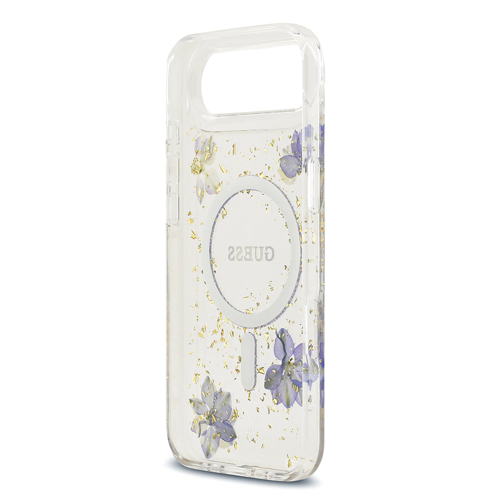 iPhone 17 Air Kılıf Guess Orijinal Lisanslı M-safe Şarj Özellikli Transparan Resin Flowers Kılıf