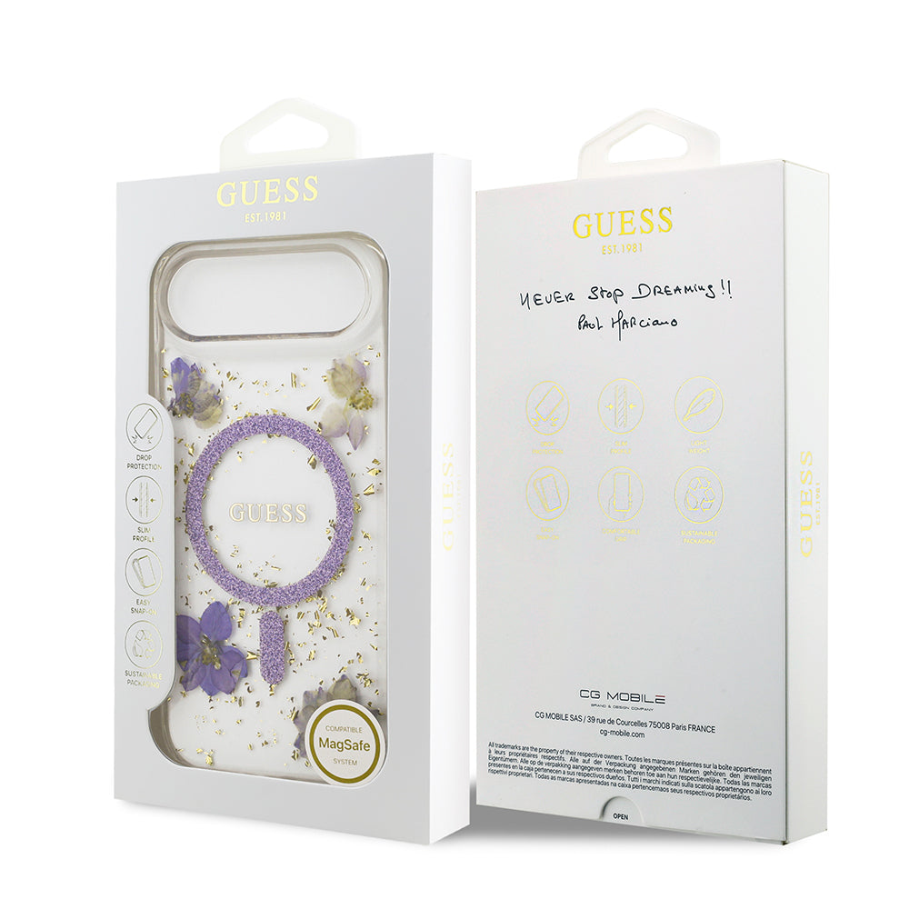 iPhone 17 Air Kılıf Guess Orijinal Lisanslı M-safe Şarj Özellikli Transparan Resin Flowers Kılıf
