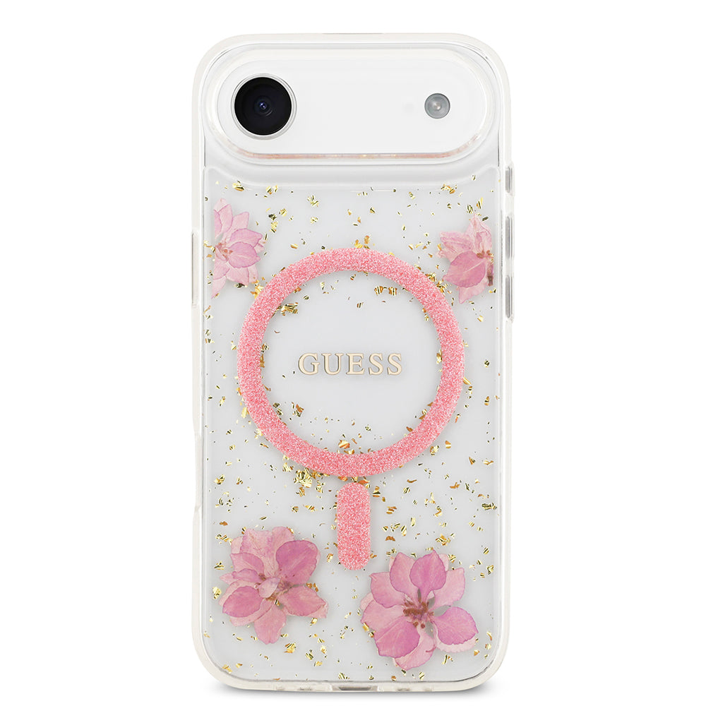 iPhone 17 Air Kılıf Guess Orijinal Lisanslı M-safe Şarj Özellikli Transparan Resin Flowers Kılıf