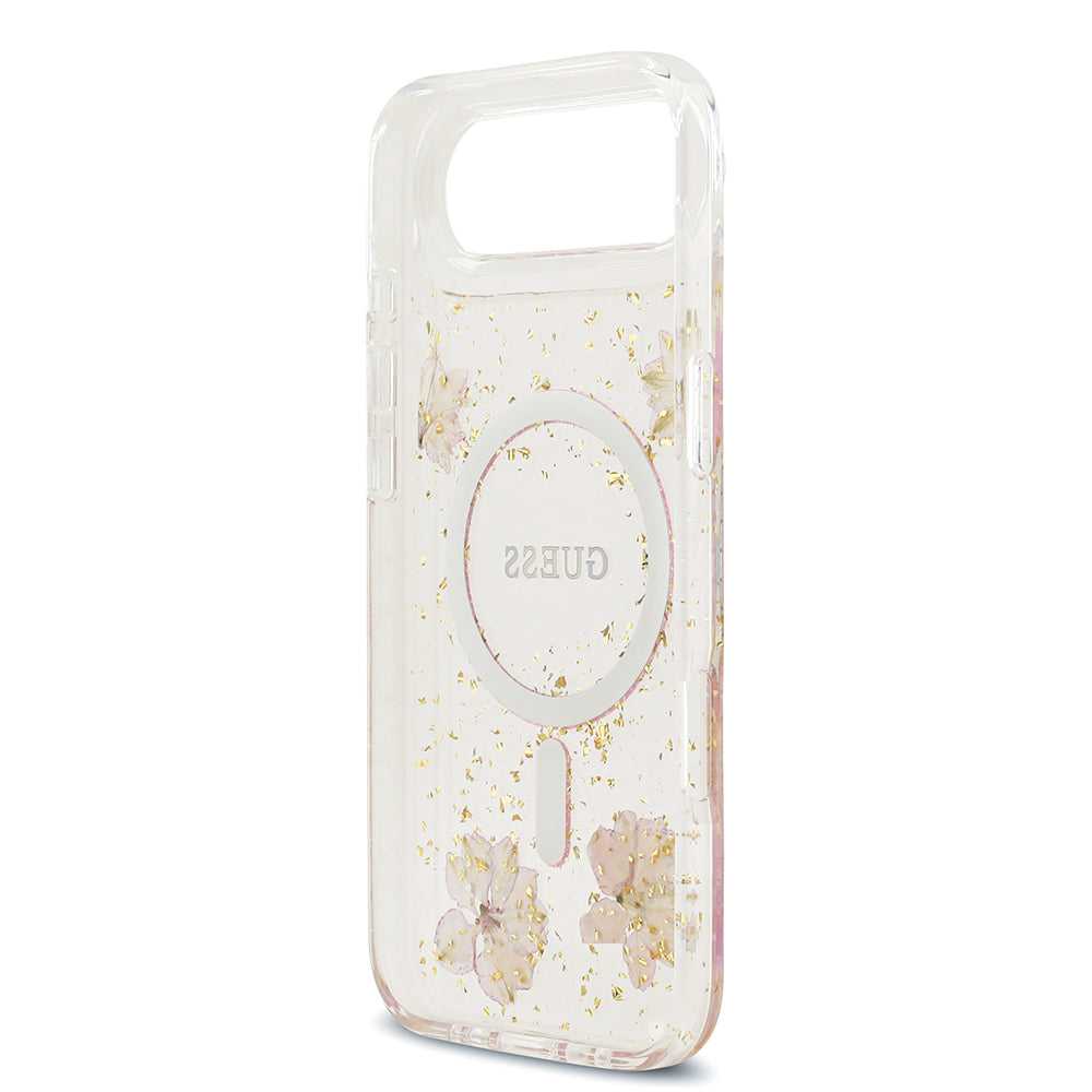iPhone 17 Air Kılıf Guess Orijinal Lisanslı M-safe Şarj Özellikli Transparan Resin Flowers Kılıf