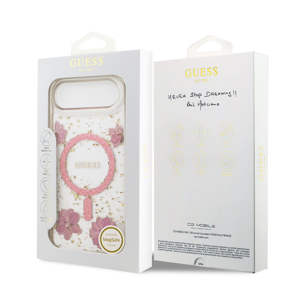 iPhone 17 Air Kılıf Guess Orijinal Lisanslı M-safe Şarj Özellikli Transparan Resin Flowers Kılıf