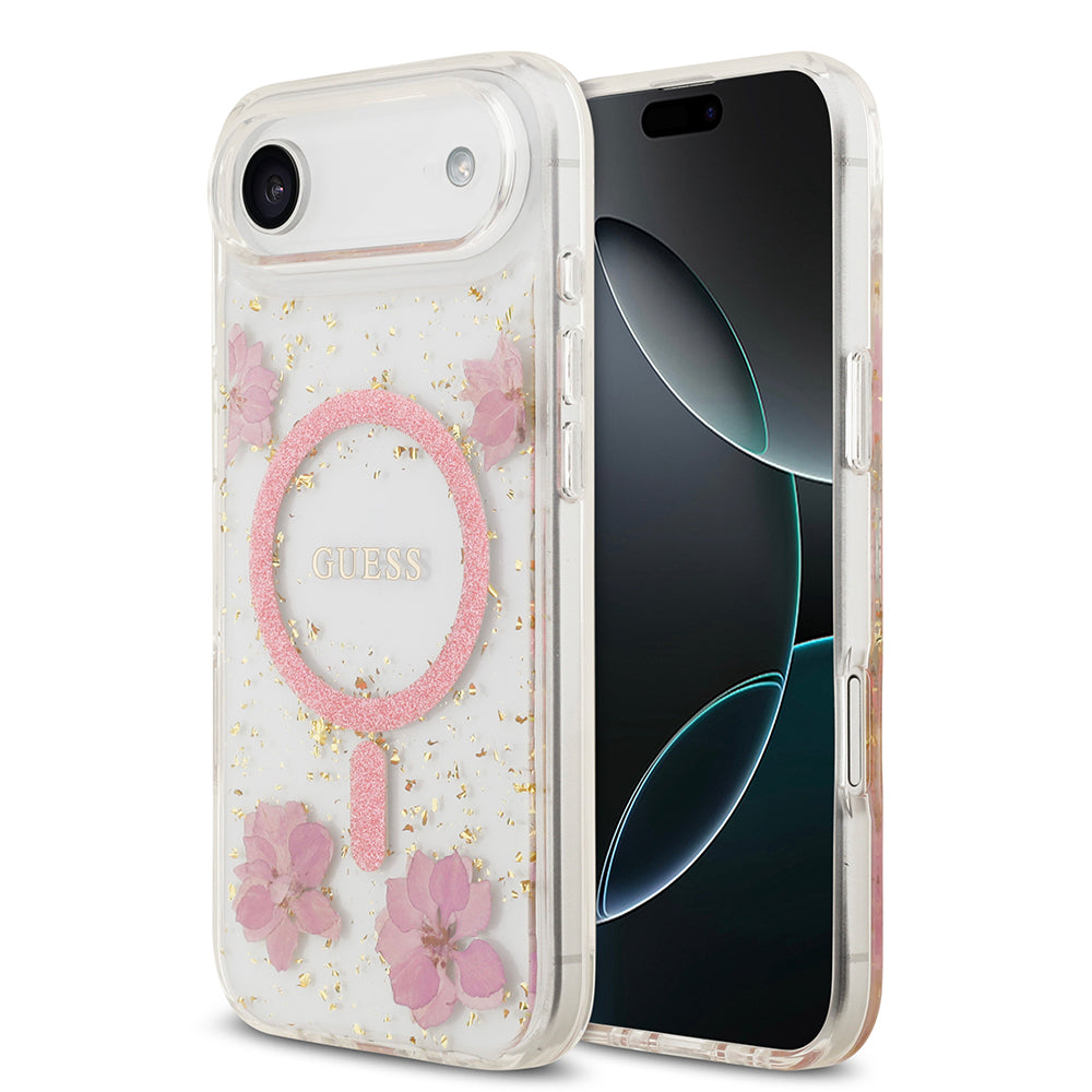 iPhone 17 Air Kılıf Guess Orijinal Lisanslı M-safe Şarj Özellikli Transparan Resin Flowers Kılıf