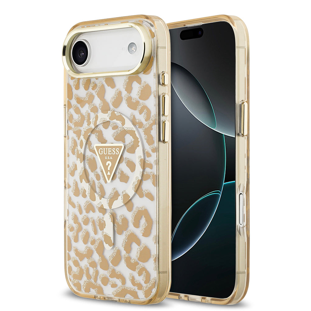 iPhone 17 Air Kılıf Guess Orijinal Lisanslı M-safe Şarj Özellikli Üçgen Logolu Simli Leopar Desenli Kılıf