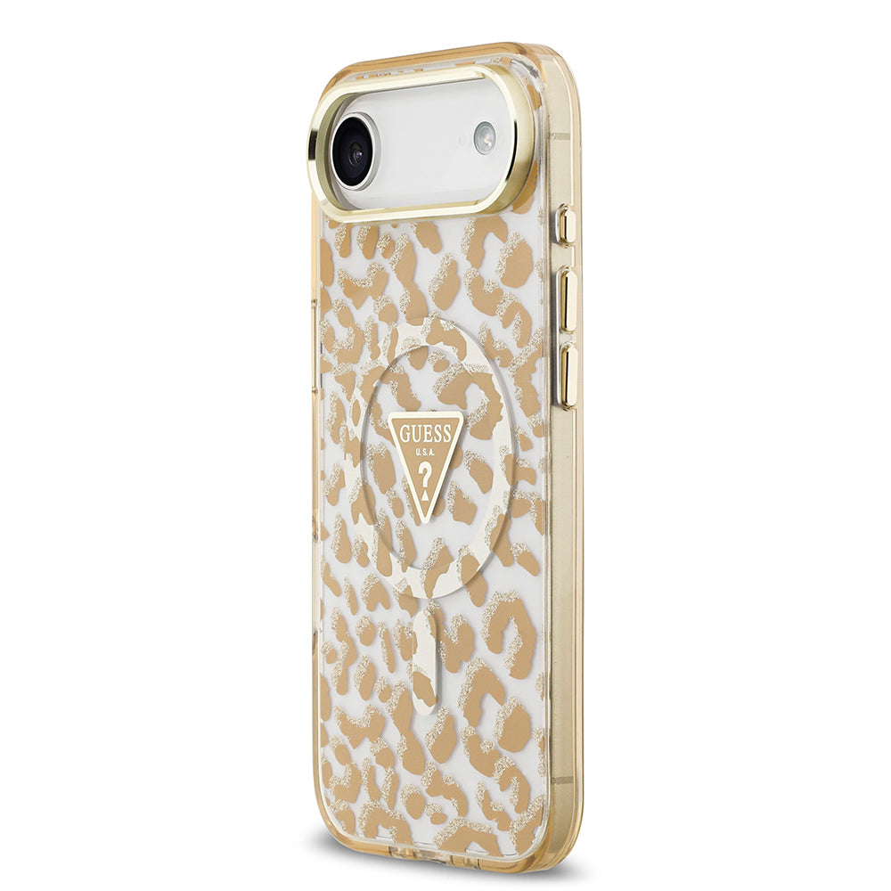 iPhone 17 Air Kılıf Guess Orijinal Lisanslı M-safe Şarj Özellikli Üçgen Logolu Simli Leopar Desenli Kılıf