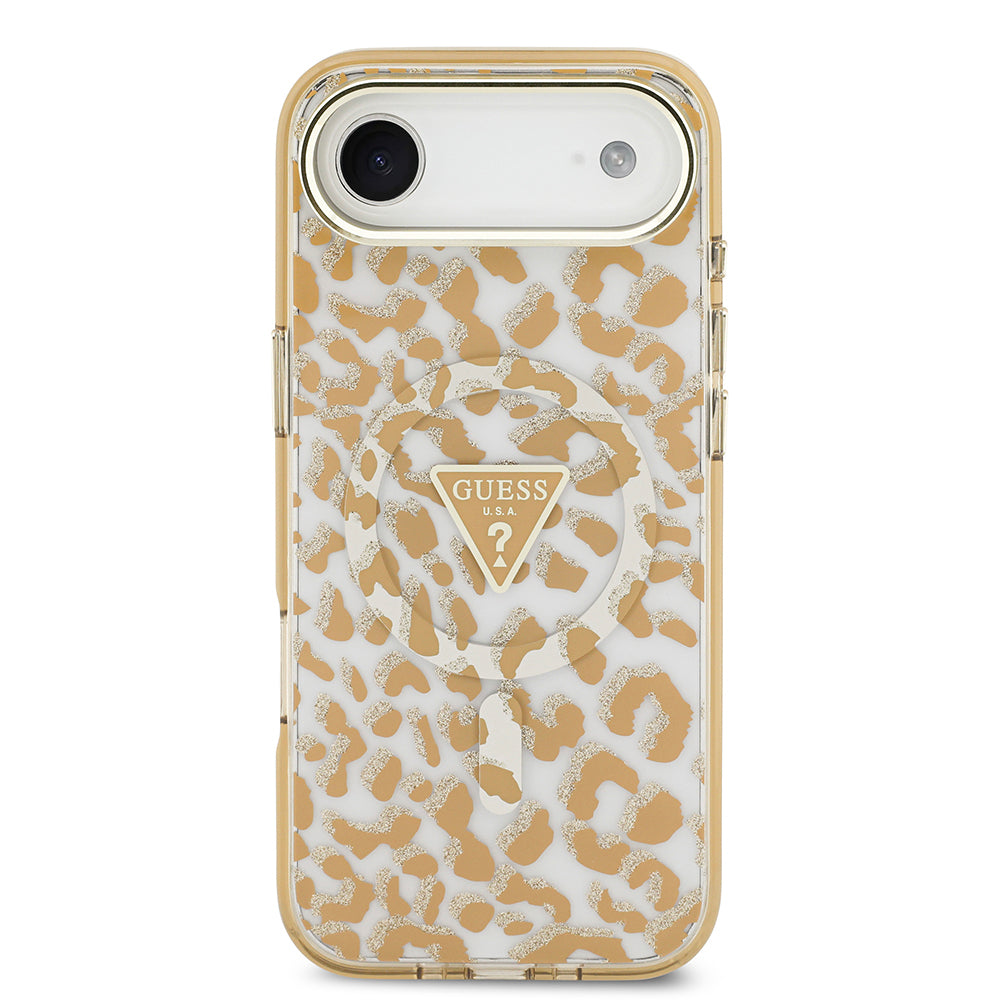 iPhone 17 Air Kılıf Guess Orijinal Lisanslı M-safe Şarj Özellikli Üçgen Logolu Simli Leopar Desenli Kılıf