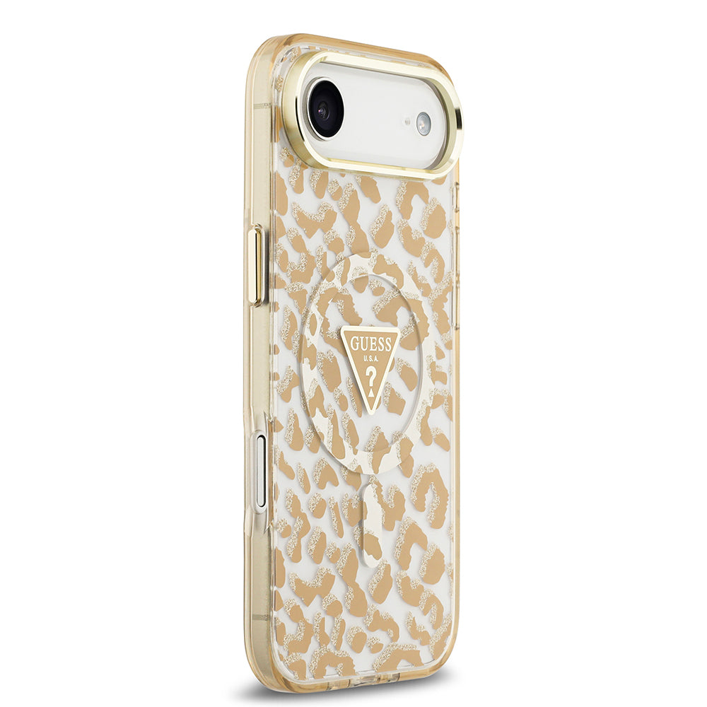 iPhone 17 Air Kılıf Guess Orijinal Lisanslı M-safe Şarj Özellikli Üçgen Logolu Simli Leopar Desenli Kılıf