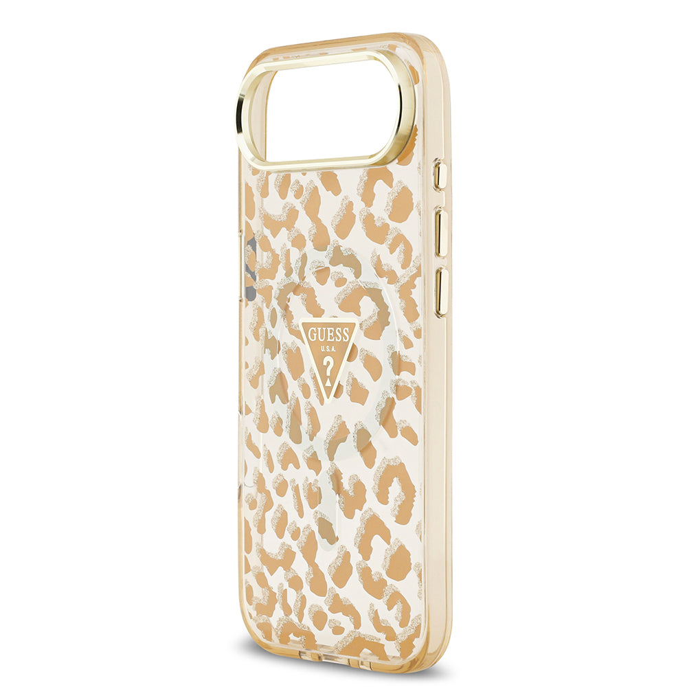 iPhone 17 Air Kılıf Guess Orijinal Lisanslı M-safe Şarj Özellikli Üçgen Logolu Simli Leopar Desenli Kılıf