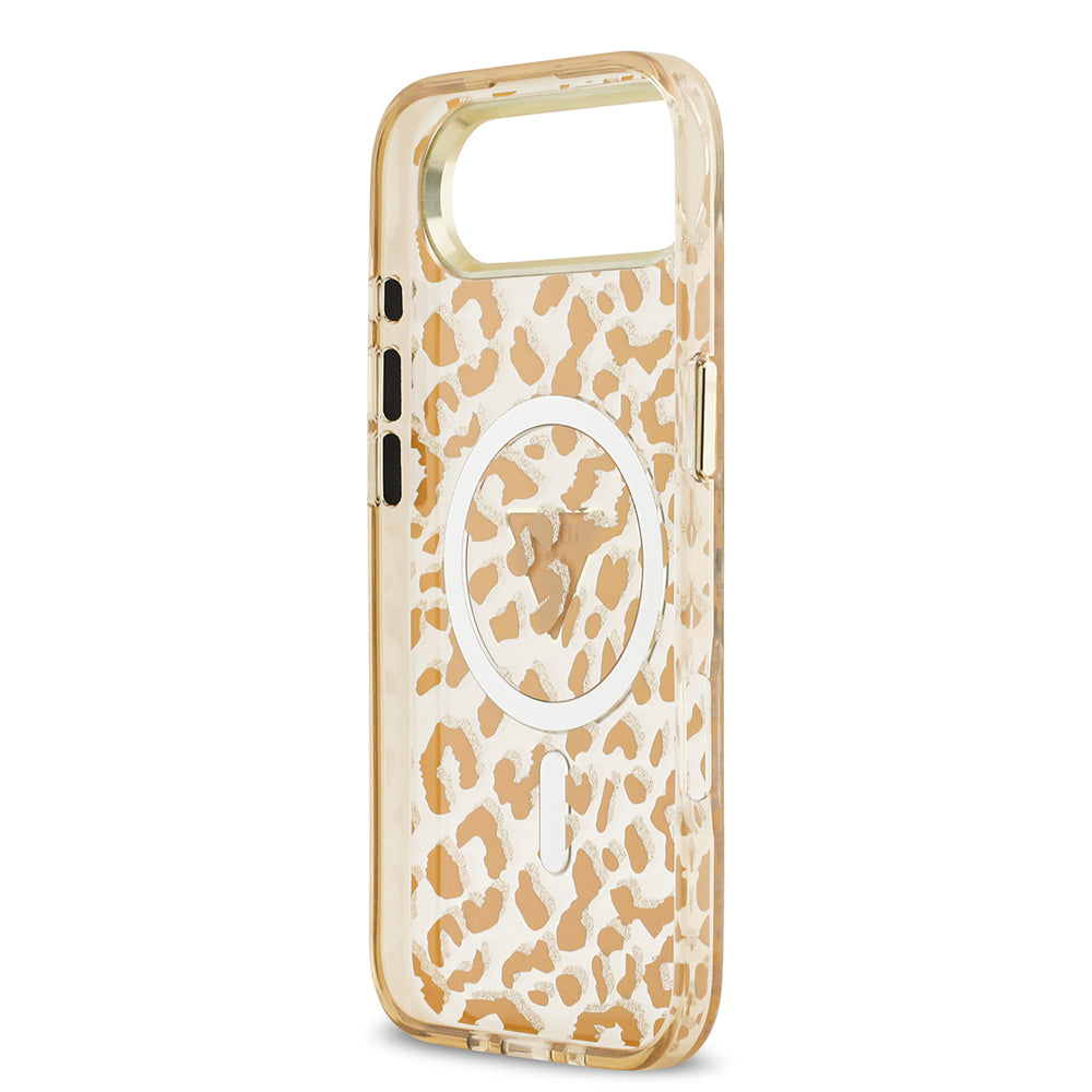 iPhone 17 Air Kılıf Guess Orijinal Lisanslı M-safe Şarj Özellikli Üçgen Logolu Simli Leopar Desenli Kılıf