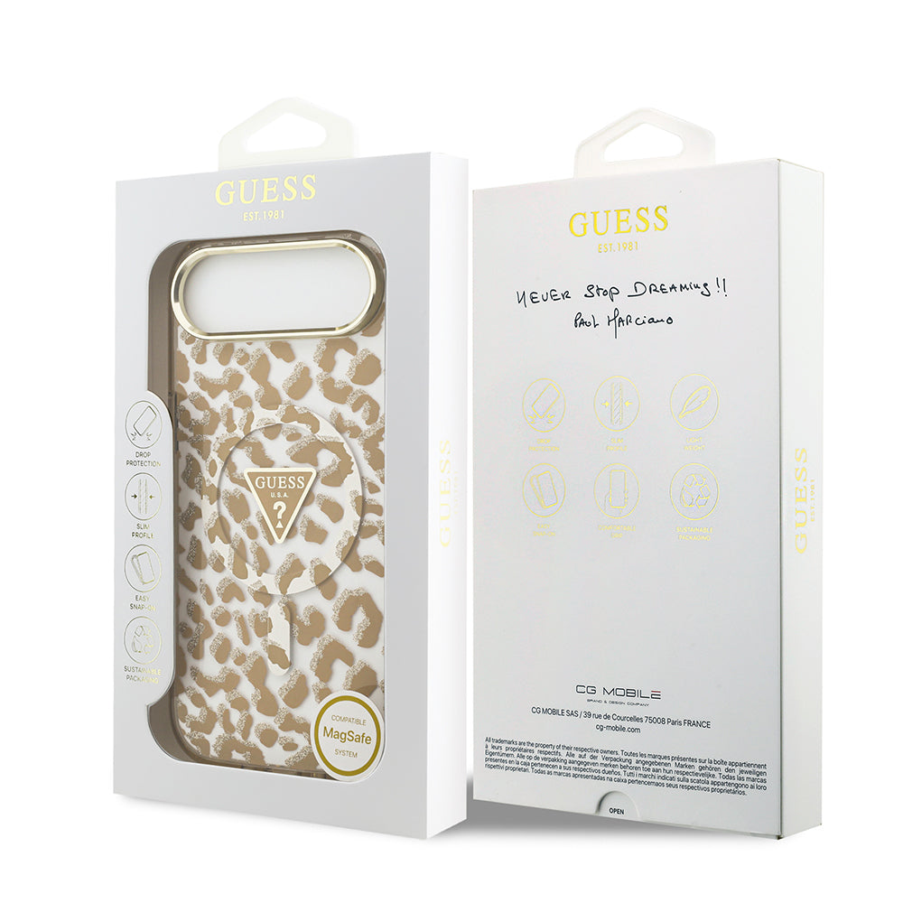 iPhone 17 Air Kılıf Guess Orijinal Lisanslı M-safe Şarj Özellikli Üçgen Logolu Simli Leopar Desenli Kılıf