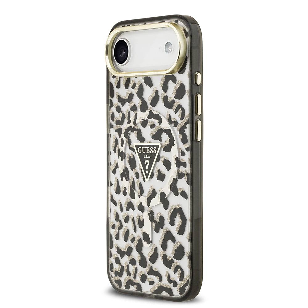 iPhone 17 Air Kılıf Guess Orijinal Lisanslı M-safe Şarj Özellikli Üçgen Logolu Simli Leopar Desenli Kılıf