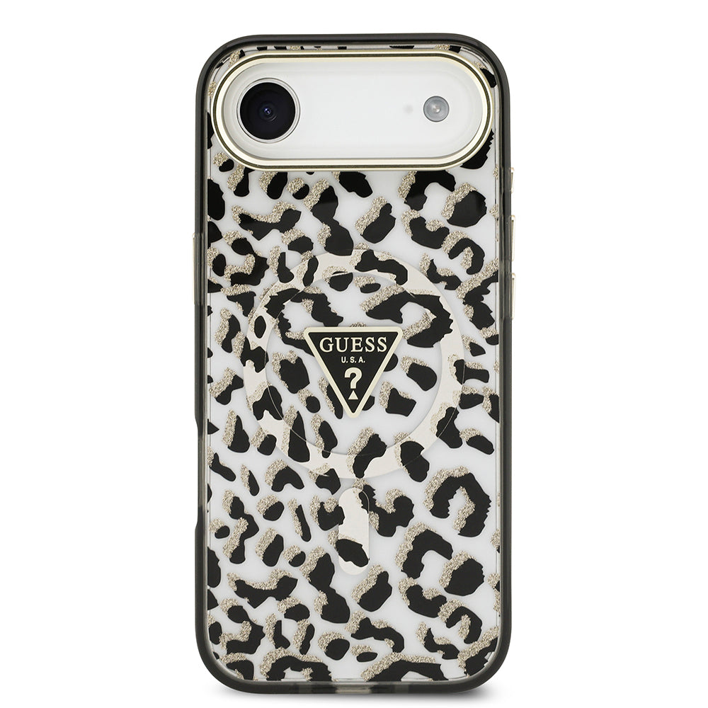 iPhone 17 Air Kılıf Guess Orijinal Lisanslı M-safe Şarj Özellikli Üçgen Logolu Simli Leopar Desenli Kılıf
