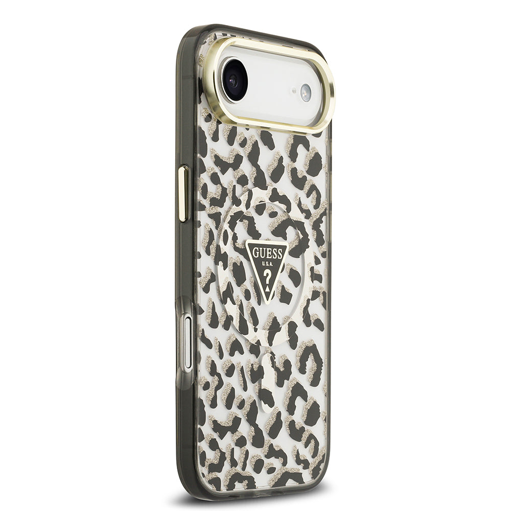 iPhone 17 Air Kılıf Guess Orijinal Lisanslı M-safe Şarj Özellikli Üçgen Logolu Simli Leopar Desenli Kılıf