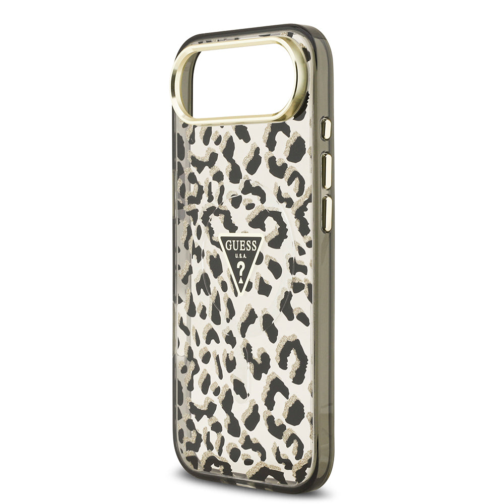 iPhone 17 Air Kılıf Guess Orijinal Lisanslı M-safe Şarj Özellikli Üçgen Logolu Simli Leopar Desenli Kılıf
