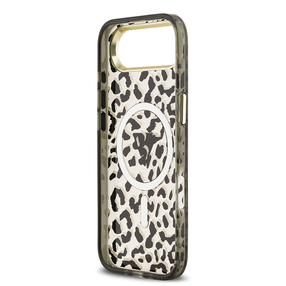 iPhone 17 Air Kılıf Guess Orijinal Lisanslı M-safe Şarj Özellikli Üçgen Logolu Simli Leopar Desenli Kılıf