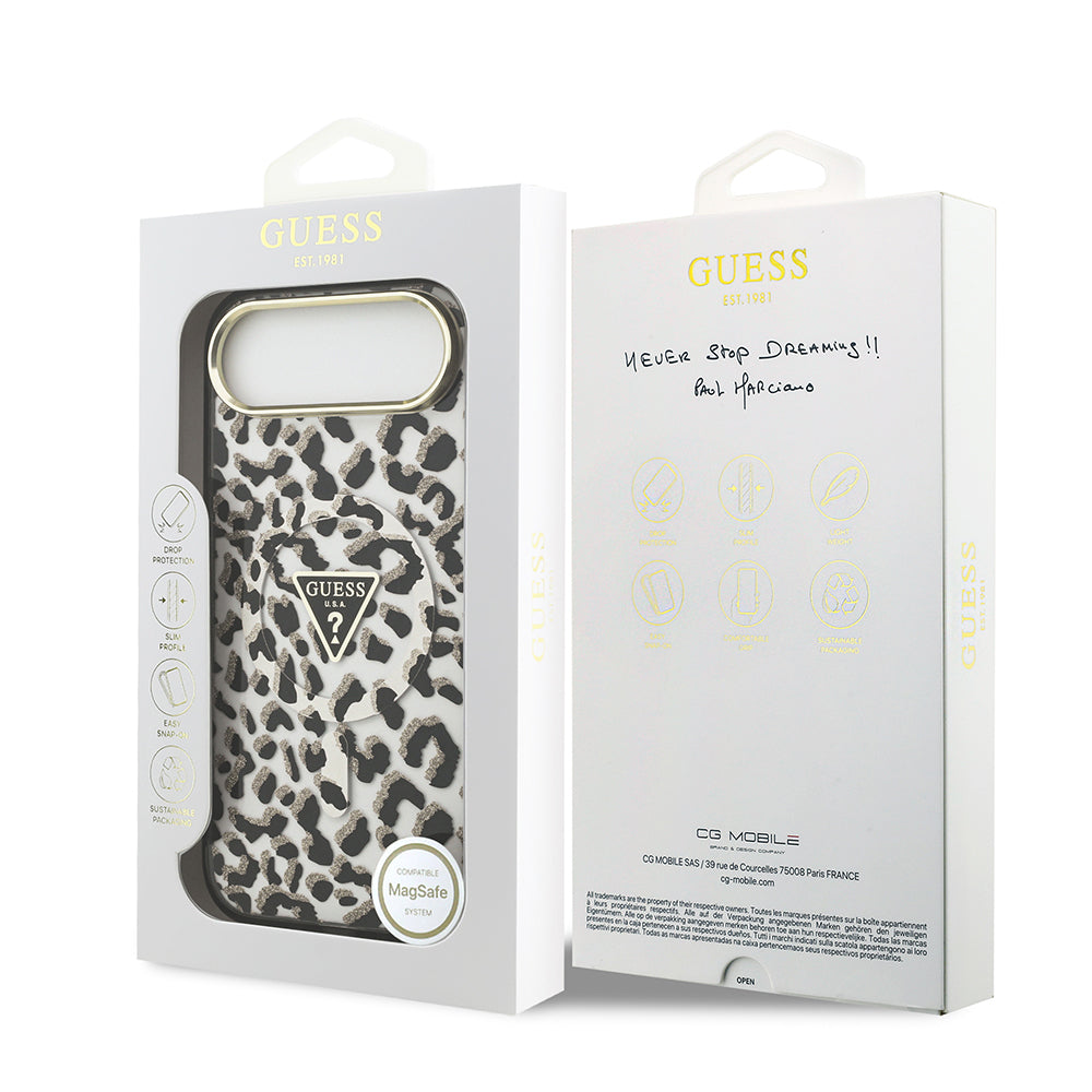 iPhone 17 Air Kılıf Guess Orijinal Lisanslı M-safe Şarj Özellikli Üçgen Logolu Simli Leopar Desenli Kılıf