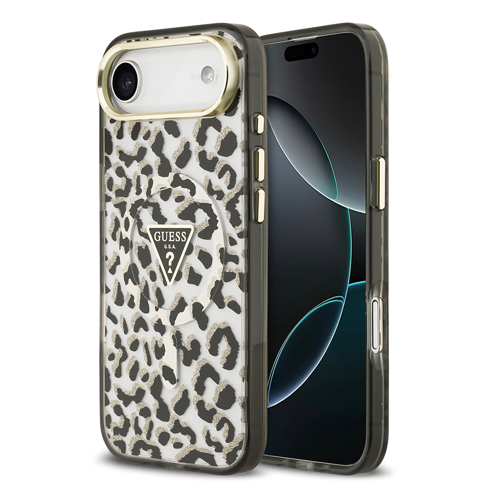 iPhone 17 Air Kılıf Guess Orijinal Lisanslı M-safe Şarj Özellikli Üçgen Logolu Simli Leopar Desenli Kılıf