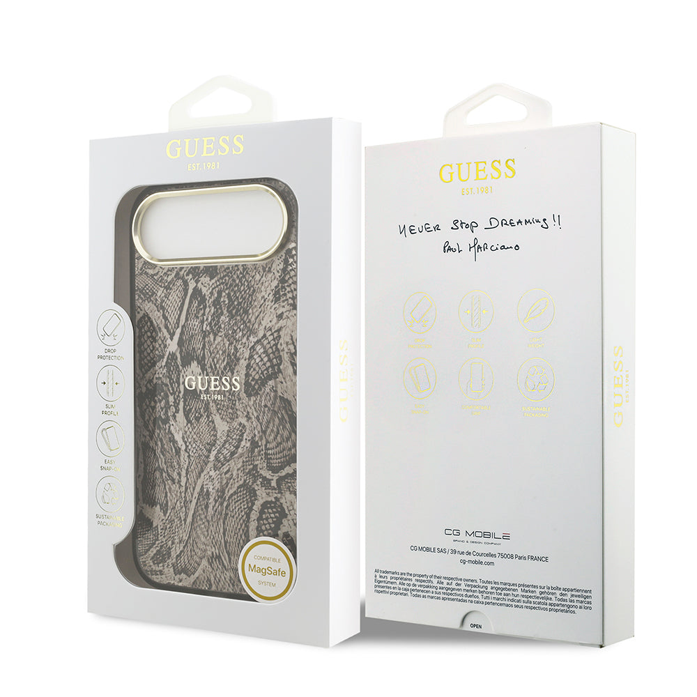 iPhone 17 Air Kılıf Guess Orijinal Lisanslı M-safe Şarj Özellikli Yazı Logolu Python Desenli Kılıf