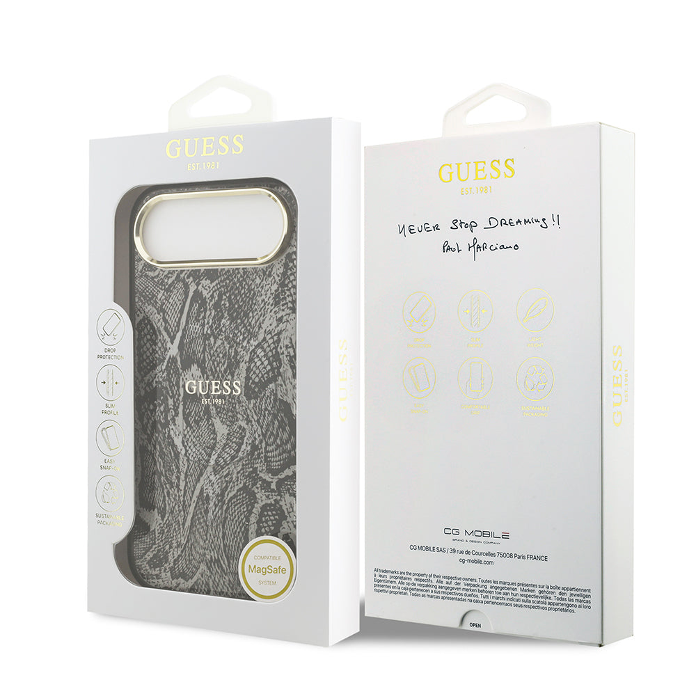 iPhone 17 Air Kılıf Guess Orijinal Lisanslı M-safe Şarj Özellikli Yazı Logolu Python Desenli Kılıf