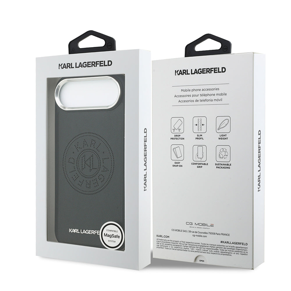 iPhone 17 Air Kılıf Karl Lagerfeld Orijinal Lisanslı M-safe Şarj Özellikli Delikli Tasarım Metal Logolu PU Deri Kılıf