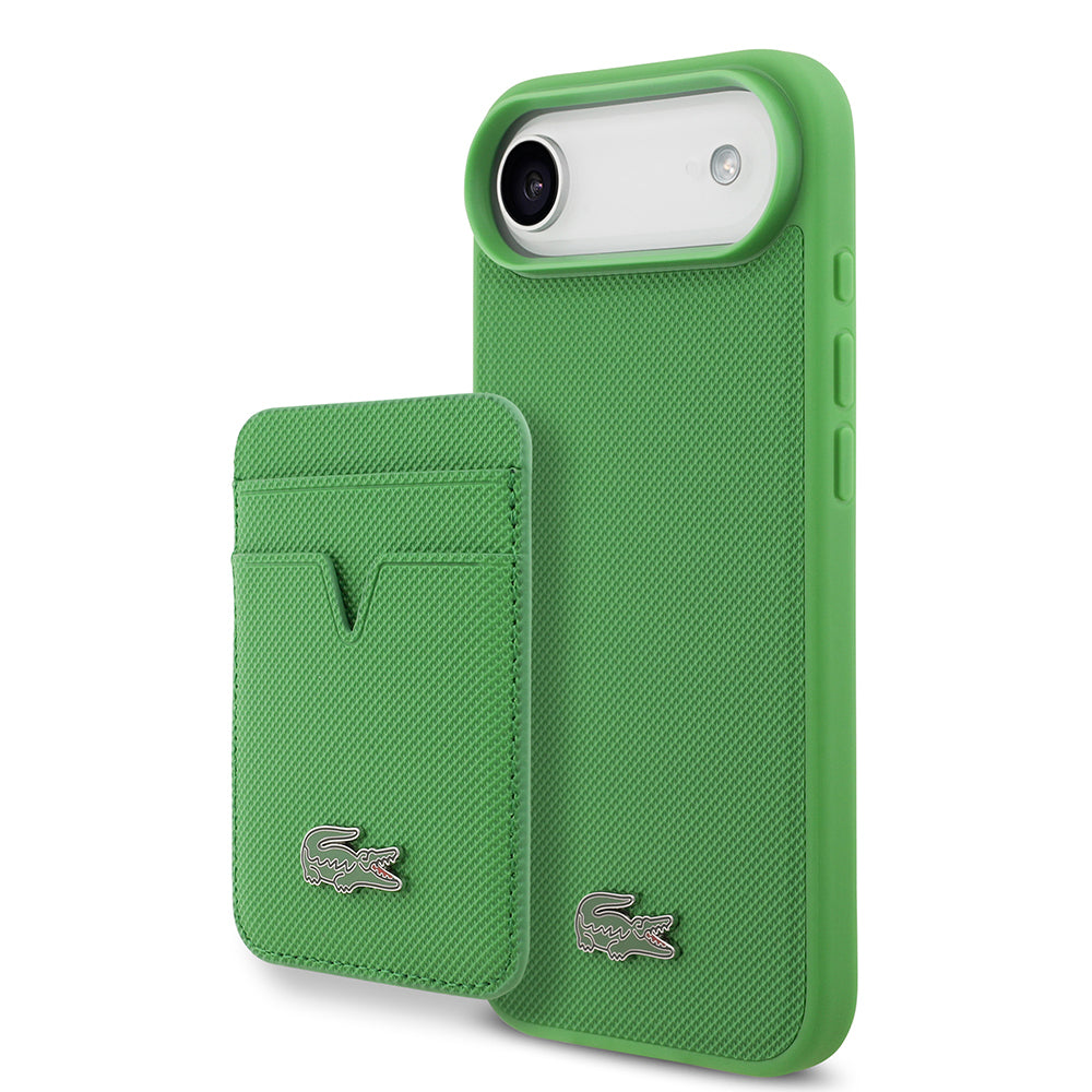iPhone 17 Air Kılıf Lacoste Orijinal Lisanslı M-safe Şarj Özellikli PU Pike Desenli Metal Logolu Kartlıklı Kılıf