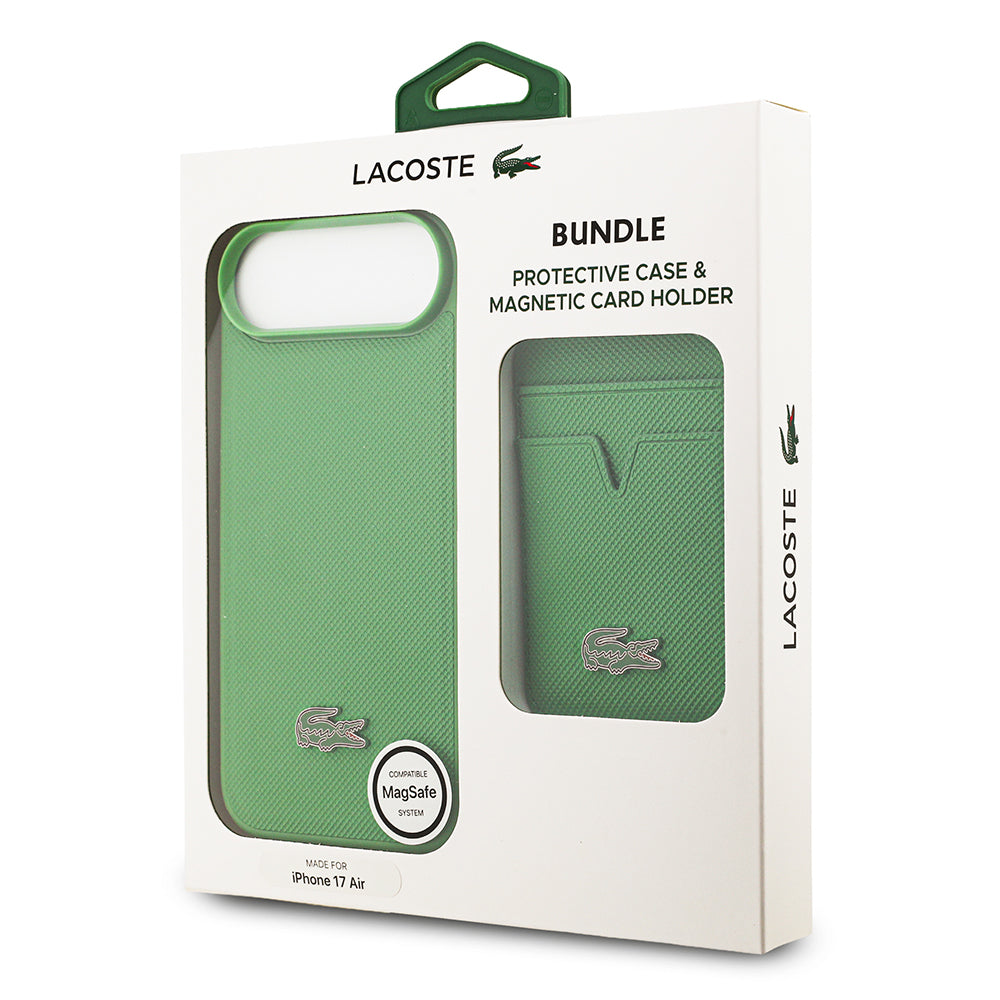 iPhone 17 Air Kılıf Lacoste Orijinal Lisanslı M-safe Şarj Özellikli PU Pike Desenli Metal Logolu Kartlıklı Kılıf