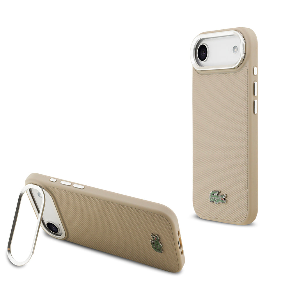 iPhone 17 Air Kılıf Lacoste Orijinal Lisanslı M-safe Şarj Özellikli PU Pike Desenli Standlı Metal Logolu Kılıf