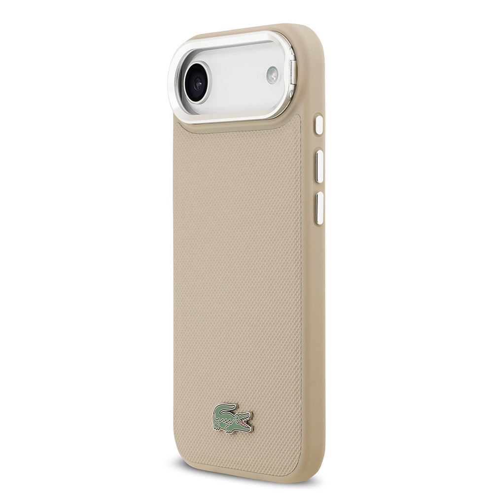 iPhone 17 Air Kılıf Lacoste Orijinal Lisanslı M-safe Şarj Özellikli PU Pike Desenli Standlı Metal Logolu Kılıf