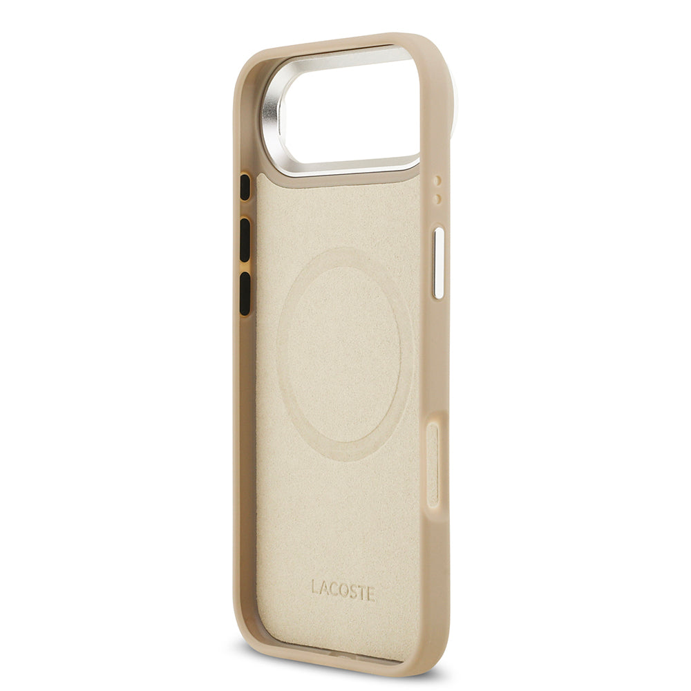 iPhone 17 Air Kılıf Lacoste Orijinal Lisanslı M-safe Şarj Özellikli PU Pike Desenli Standlı Metal Logolu Kılıf