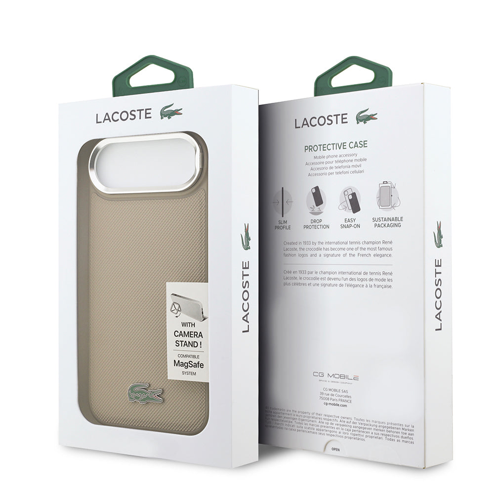 iPhone 17 Air Kılıf Lacoste Orijinal Lisanslı M-safe Şarj Özellikli PU Pike Desenli Standlı Metal Logolu Kılıf
