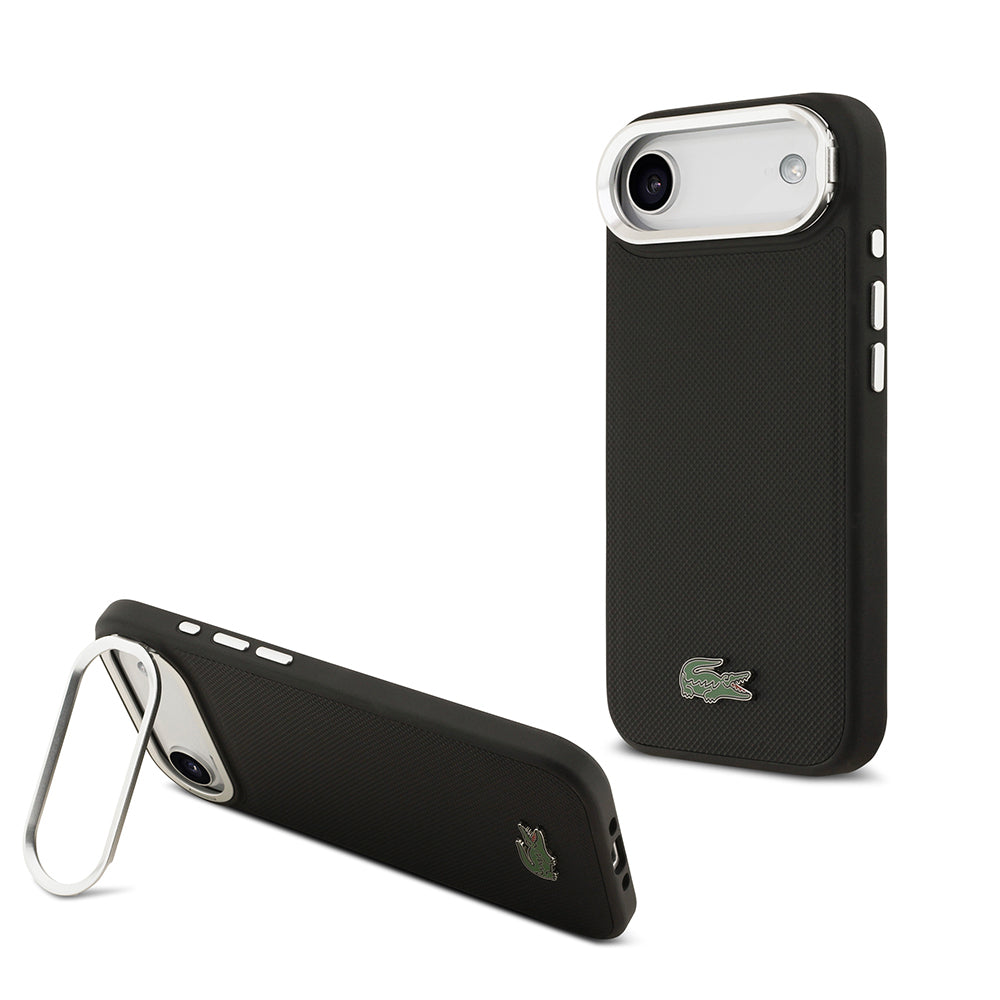 iPhone 17 Air Kılıf Lacoste Orijinal Lisanslı M-safe Şarj Özellikli PU Pike Desenli Standlı Metal Logolu Kılıf