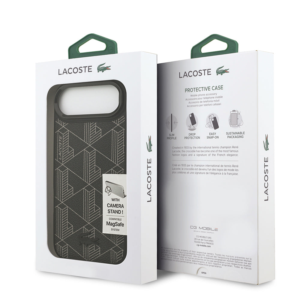 iPhone 17 Air Kılıf Lacoste Orijinal Lisanslı M-safe Şarj Özellikli Standlı PU Deri Karışık Monogram Desenli Kılıf