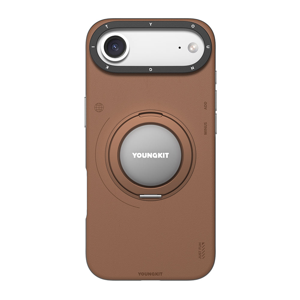 iPhone 17 Air Kılıf M-safe Şarj Özellikli 360 Derece Standlı Basit Mat Deri Desenli Youngkit Tech Leather Serisi Kılıf