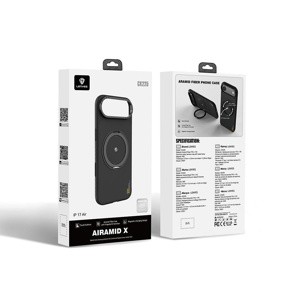 iPhone 17 Air Kılıf M-safe Şarj Özellikli Metal Standlı Lenyes CK225 Kevlar Kılıf