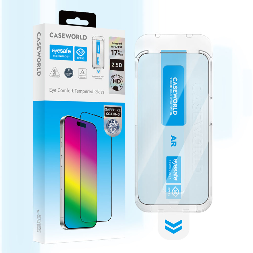 iPhone 17 CaseWorld Applicator Serisi 2.5D Eyesafe Mavi Işık Teknolojili Safir 0.33mm Temperli Cam Ekran Koruyucu + Uygulama Aparatı